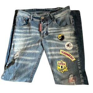 DSQUARED2 men’s distressed patchwork button fly skinny denim  jeans